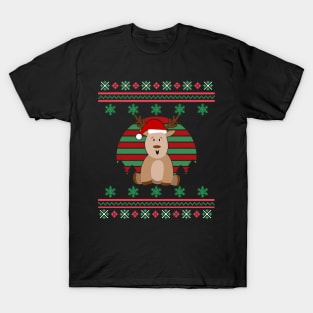 Reindeer Santa Hat Faux Ugly Christmas Sweater Funny Holiday Design T-Shirt